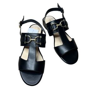 Liz Claiborne Black Leather Memory Foam Strap Sandals w/ Gold Accents, Women’s 8